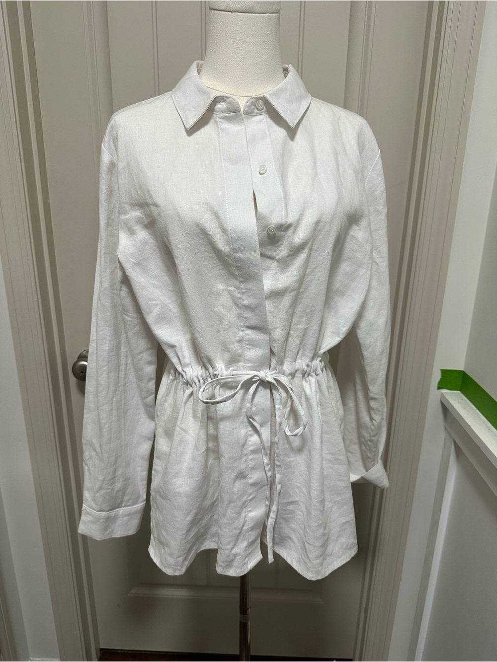 Dkny White Button-Front Drawstring Linen Shirt